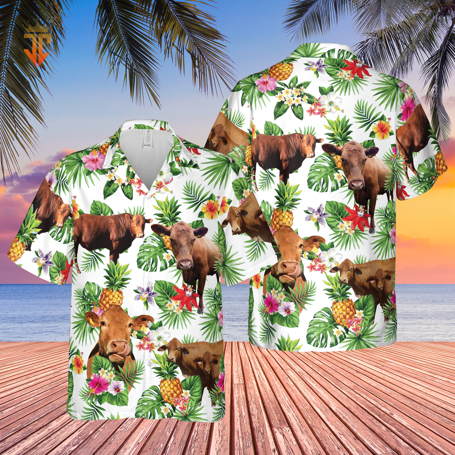 Personalized Name Red Angus Cattle Pineapples All Over Printed 3D Hawaiian Shirt