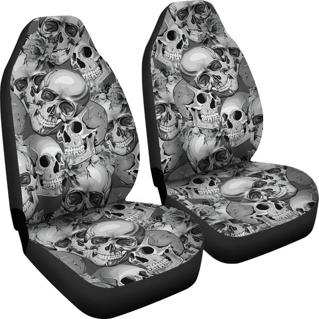 Monochrome Skull Flowers Pattern Print Universal Fit Car Seat Covers