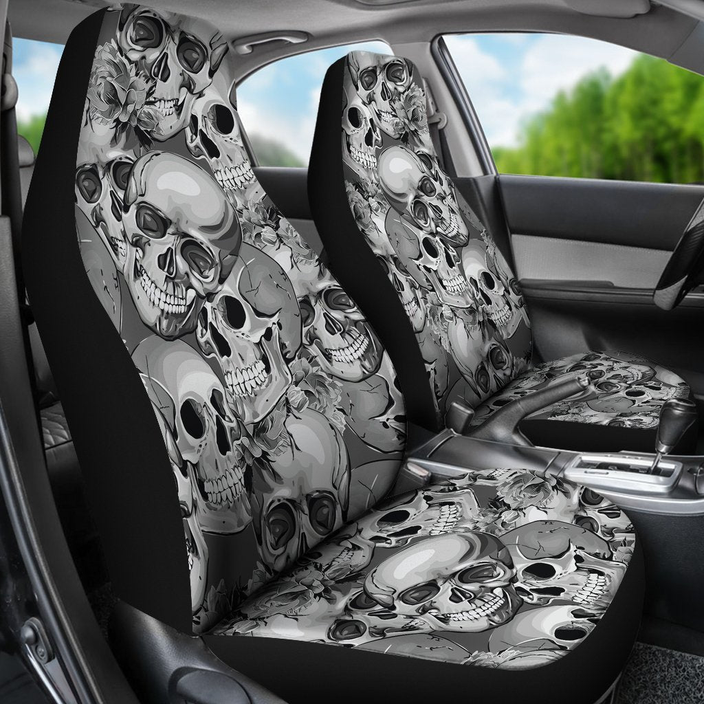 Monochrome Skull Flowers Pattern Print Universal Fit Car Seat Covers