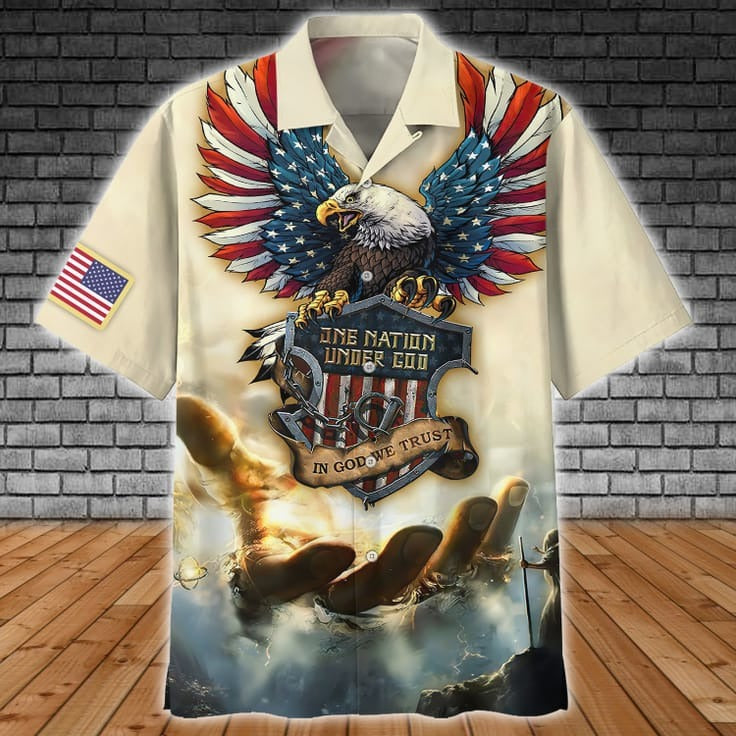 One Nation Under God Hawaiian Shirt/ 3D Full Printed Eagle Hawaiian Shirts/ In God We Trust Hawaiian Shirt