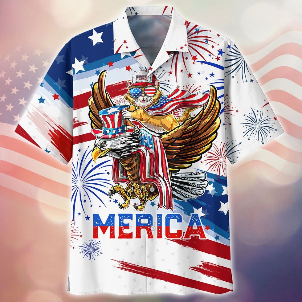 Merica Ealge And Cats Independence Day Hawaiian Shirt/ Patriotic Gift For Cat Lovers