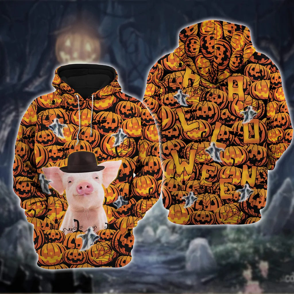 3D All Over Print Pig Halloween Hoodie Pumpkin Autumn Pattern/ Halloween Gift For Pig Lovers