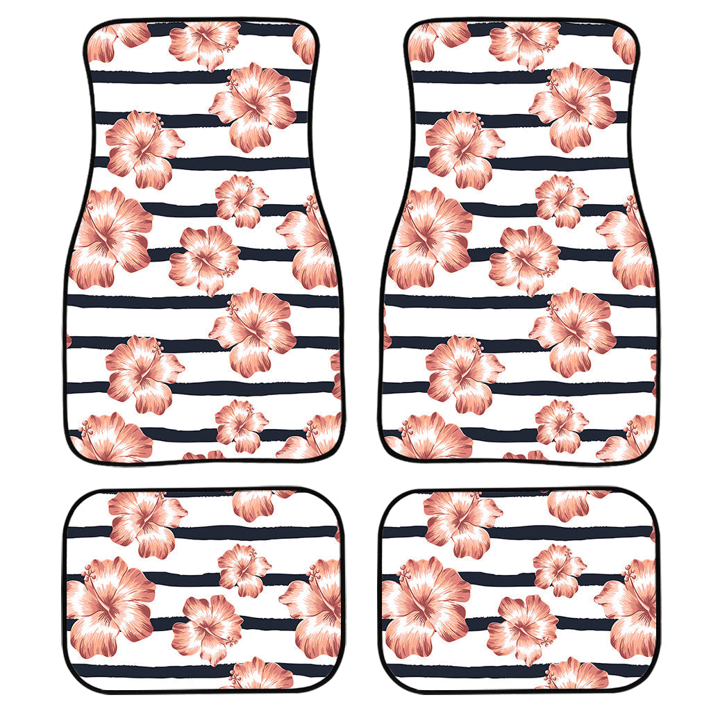 Pink Hibiscus Striped Pattern Print Front And Back Car Floor Mats/ Front Car Mat