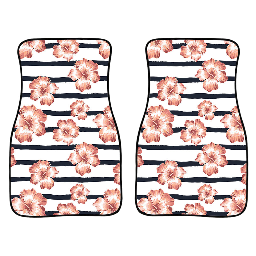 Pink Hibiscus Striped Pattern Print Front And Back Car Floor Mats/ Front Car Mat