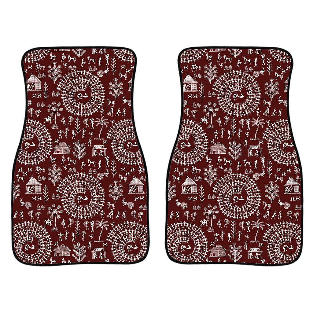 Red And White Warli Tribal Print Front And Back Car Floor Mats/ Front Car Mat