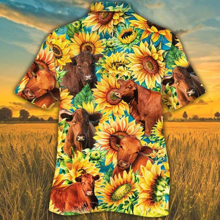 Red Angus Cattle Lovers Sunflower Watercolor Hawaiian Shirt/ Cow Hawaiian shirts for men/ women