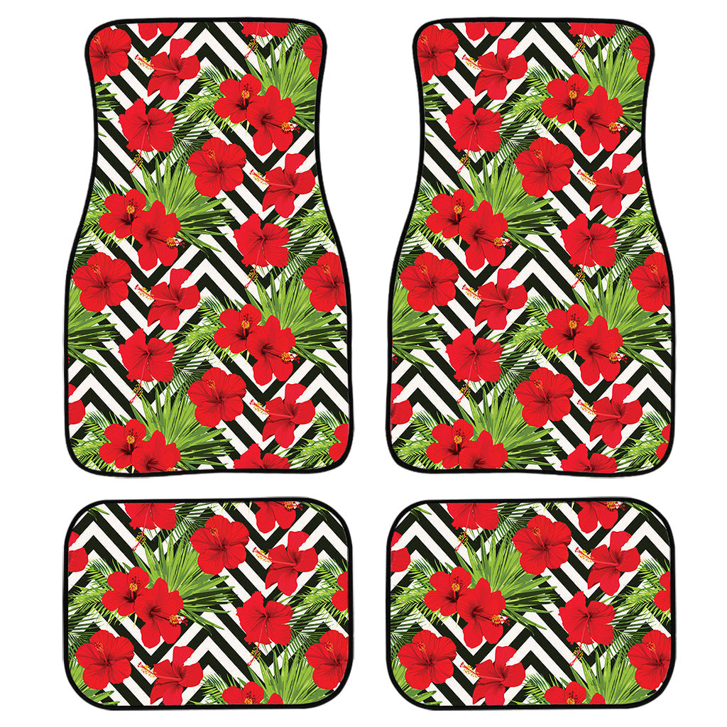 Red Hibiscus Chevron Pattern Print Front And Back Car Floor Mats/ Front Car Mat