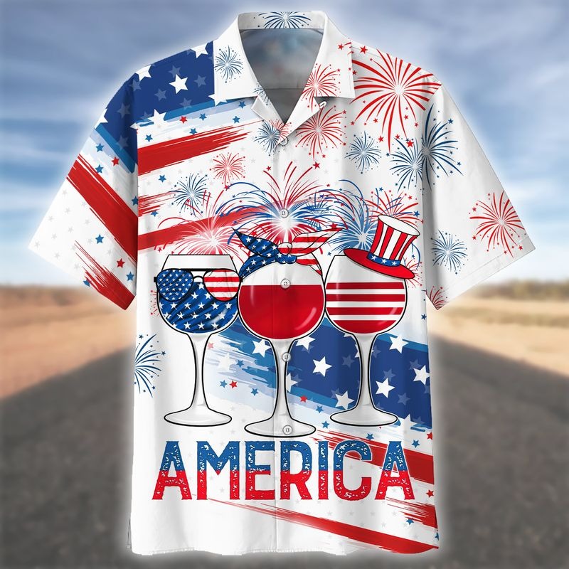 3D All Over Print Usa Hawaiian Shirt Glass Drinking Cheer Up Independence Day/ America 4Th Of Jul Hawaiian Shirt