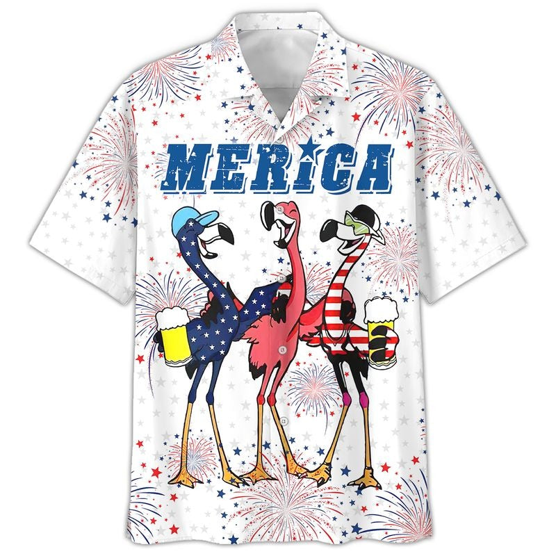 Flamingo Hawaiian Shirt/ Full Printed Flamingo Drinking Beer In Usa Flag Happy Independence Day/ 4Th Of Jul Gift
