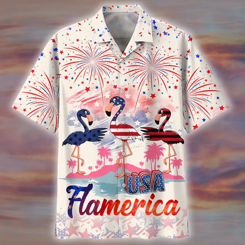 Usa Flamerica Hawaiian Shirt For 4Th Of Jul/ Summer Flamingo Aloha Beach Shirt For Men And Womens