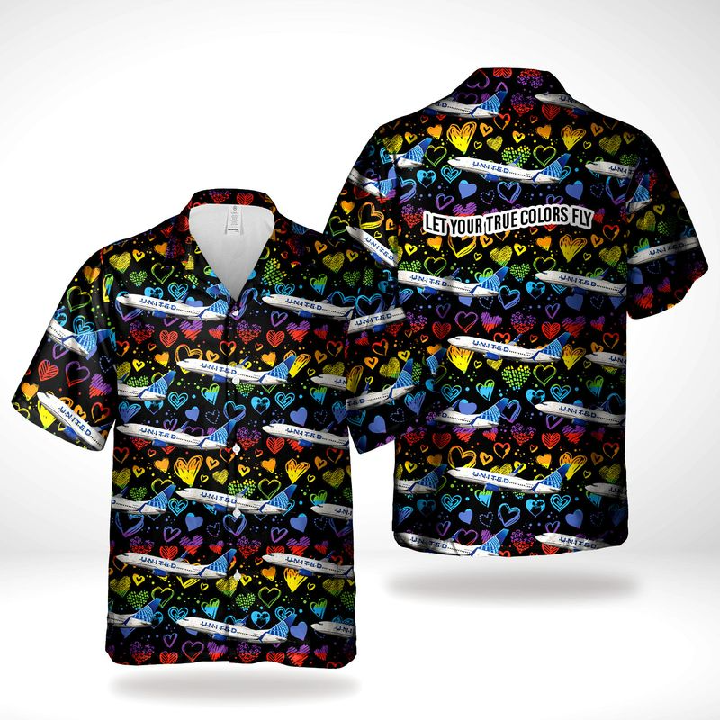 Lgbtq+ Pride Hawaiian Shirt/ Let Your True Colors Fly/ Heart United Airlines Boeing Hawaiian 3D Shirt