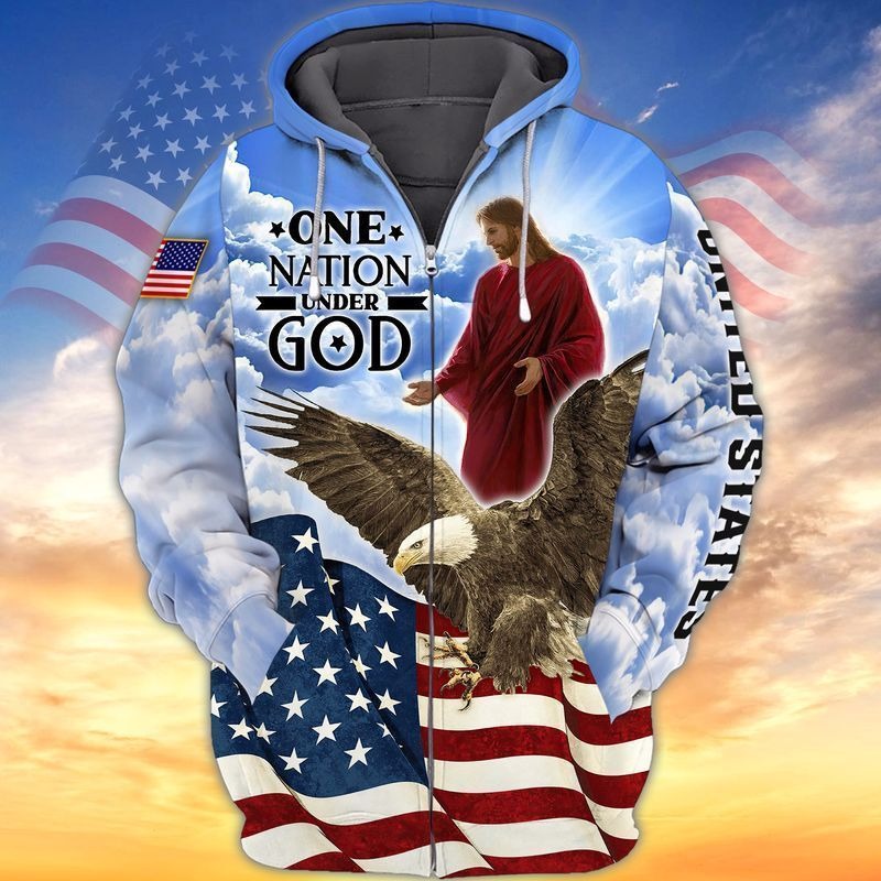 Jesus And Eagle One Nation Under God 3D Full Print Hoodie/ 4Th July Independence Day 3D Tee Shirt/ Patriotic 3D Bomber
