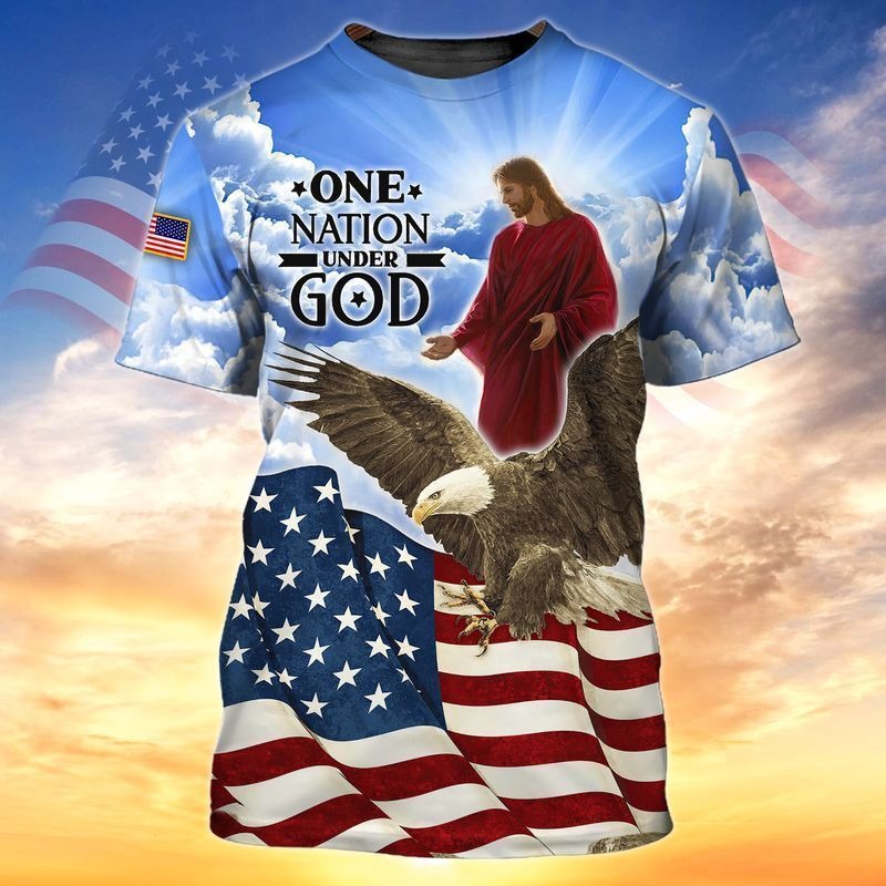 Jesus And Eagle One Nation Under God 3D Full Print Hoodie/ 4Th July Independence Day 3D Tee Shirt/ Patriotic 3D Bomber