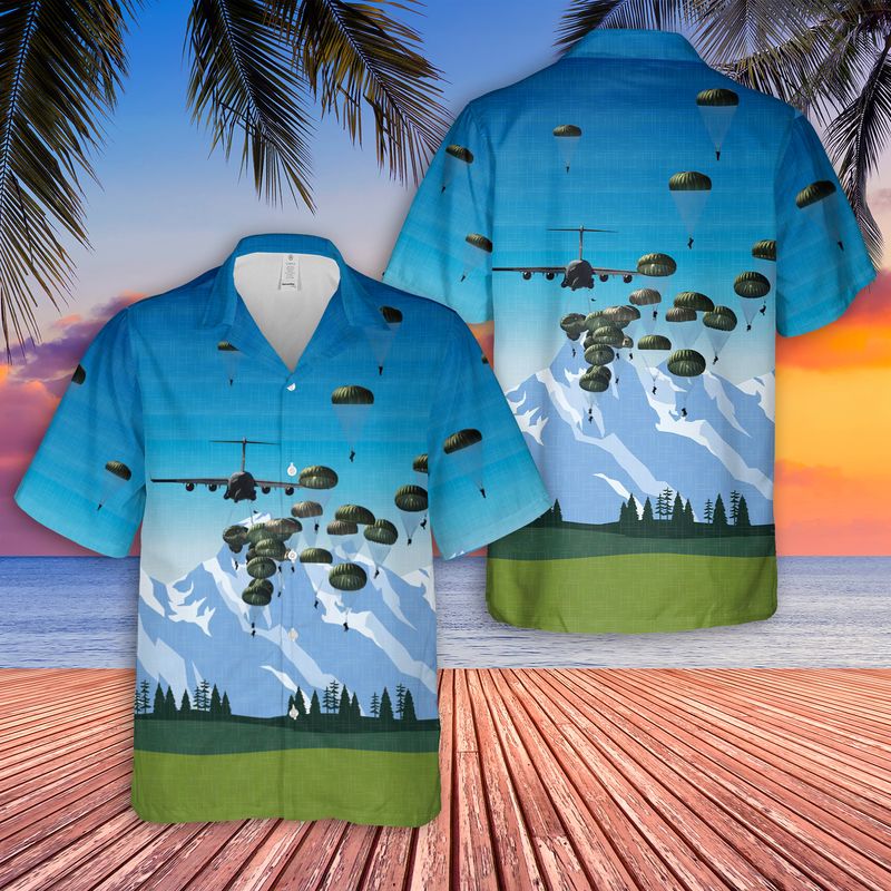 U.S. Army paratroopers with the 82nd Airborne Division parachute from a C-130 Hercules aircraft Hawaiian Shirt