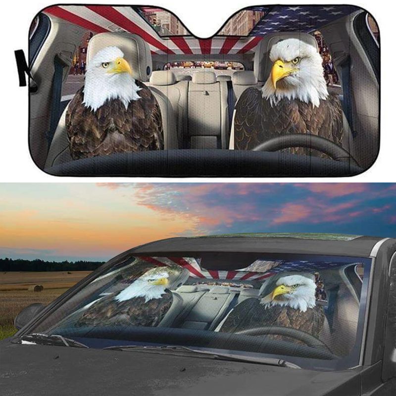 Eagle Car Sunshade Windshield Eagle Couple United State Flag Pattern Car All Over Printed 3D Sun Shade