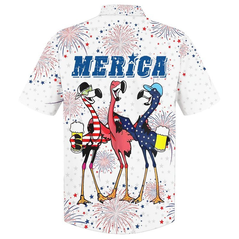 Flamingo Hawaiian Shirt/ Full Printed Flamingo Drinking Beer In Usa Flag Happy Independence Day/ 4Th Of Jul Gift
