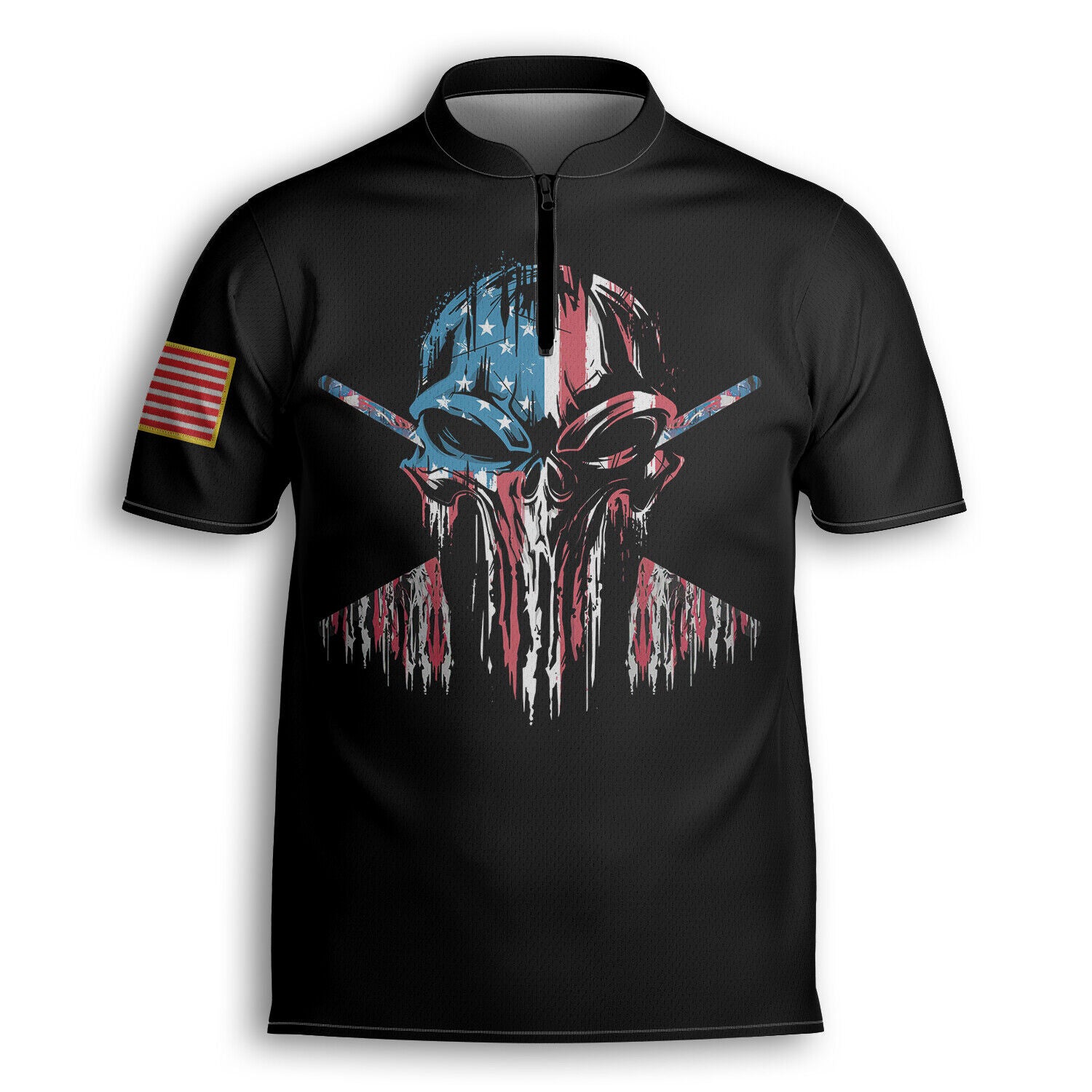 Personalized America Flag Skull Billiard Player AOP Bowling Jersey Shirt Black/ Idea Gift for Billiard Player