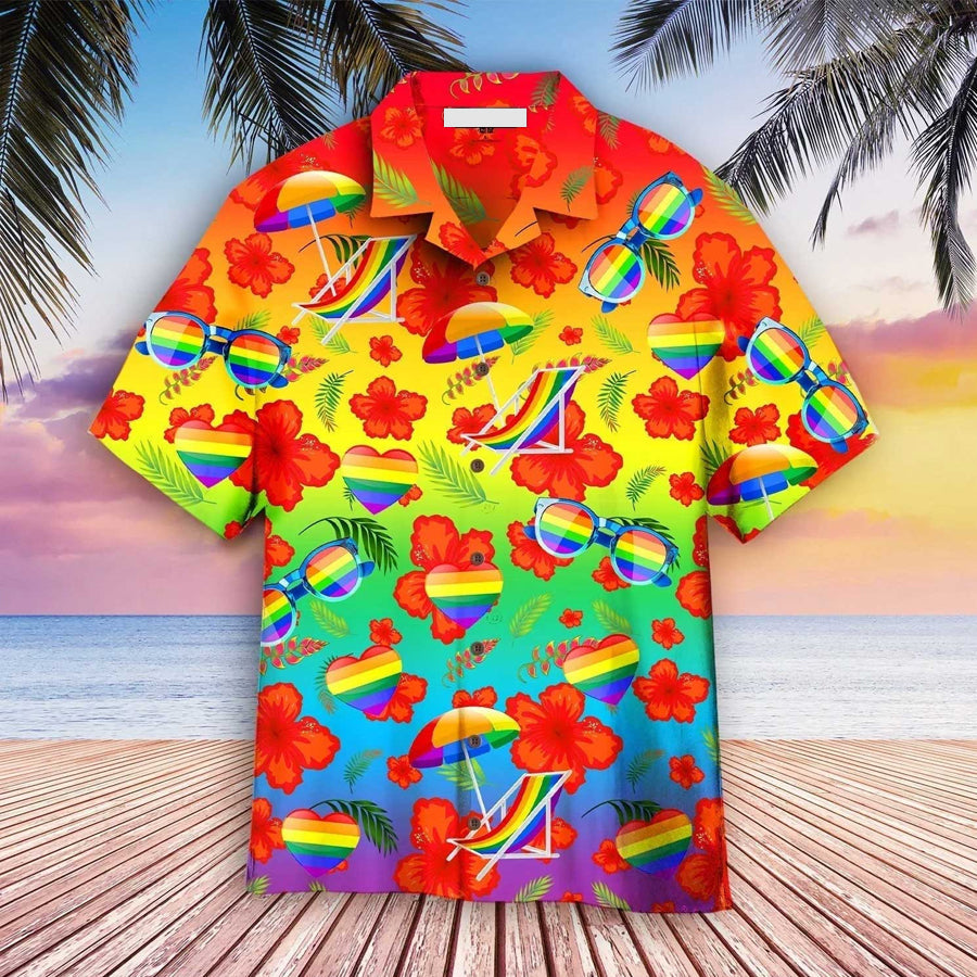 LGBT Aloha Hawaiian Shirts For Summer/ Pride Month Hibiscus With LGBT Flag Aloha Hawaiian Shirts For Men Women