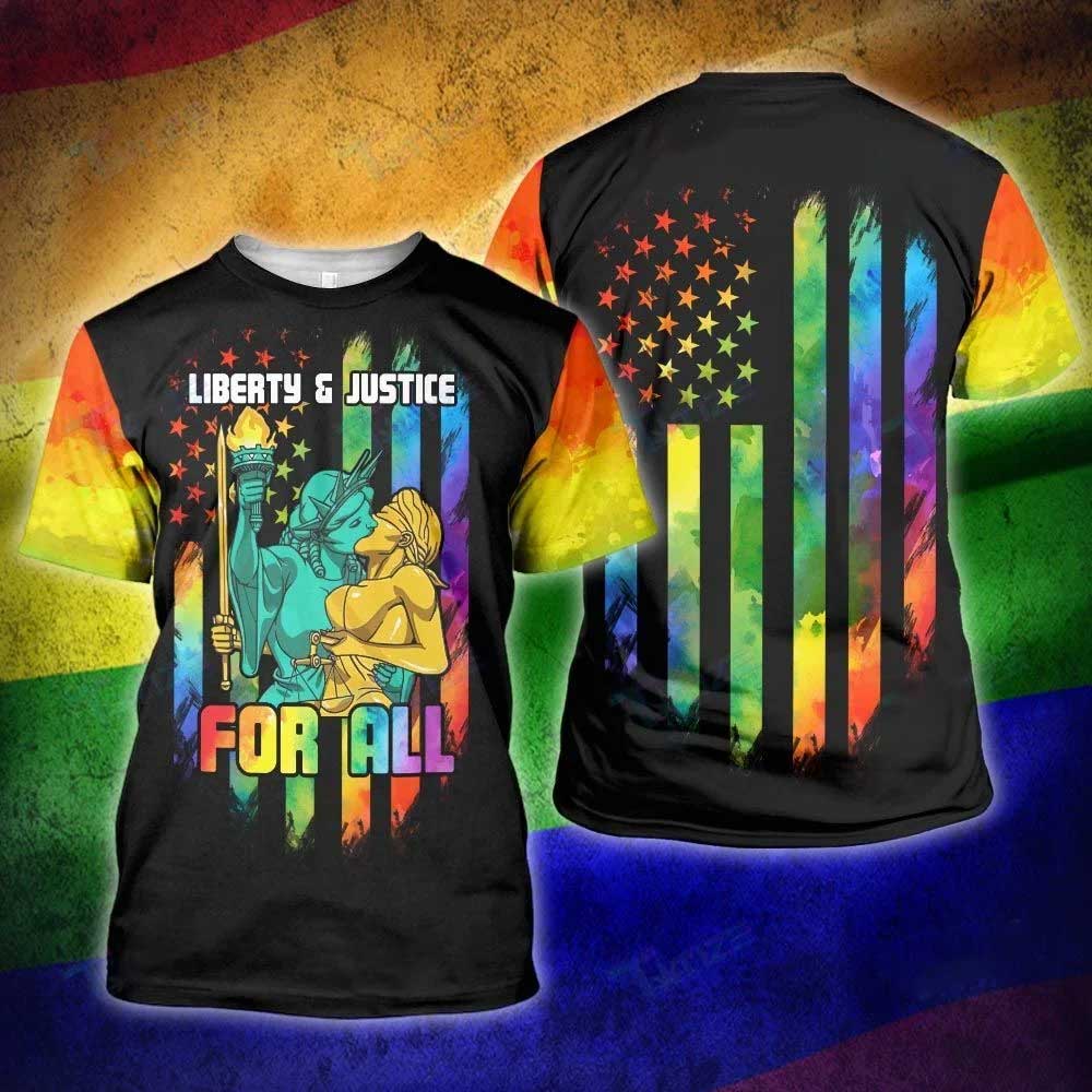 Lgbt Rainbow Liberty And Justice For All 3D All Over Printed Shirt/ Gay Pride 3D T Shirt/ Gift For Lesbian