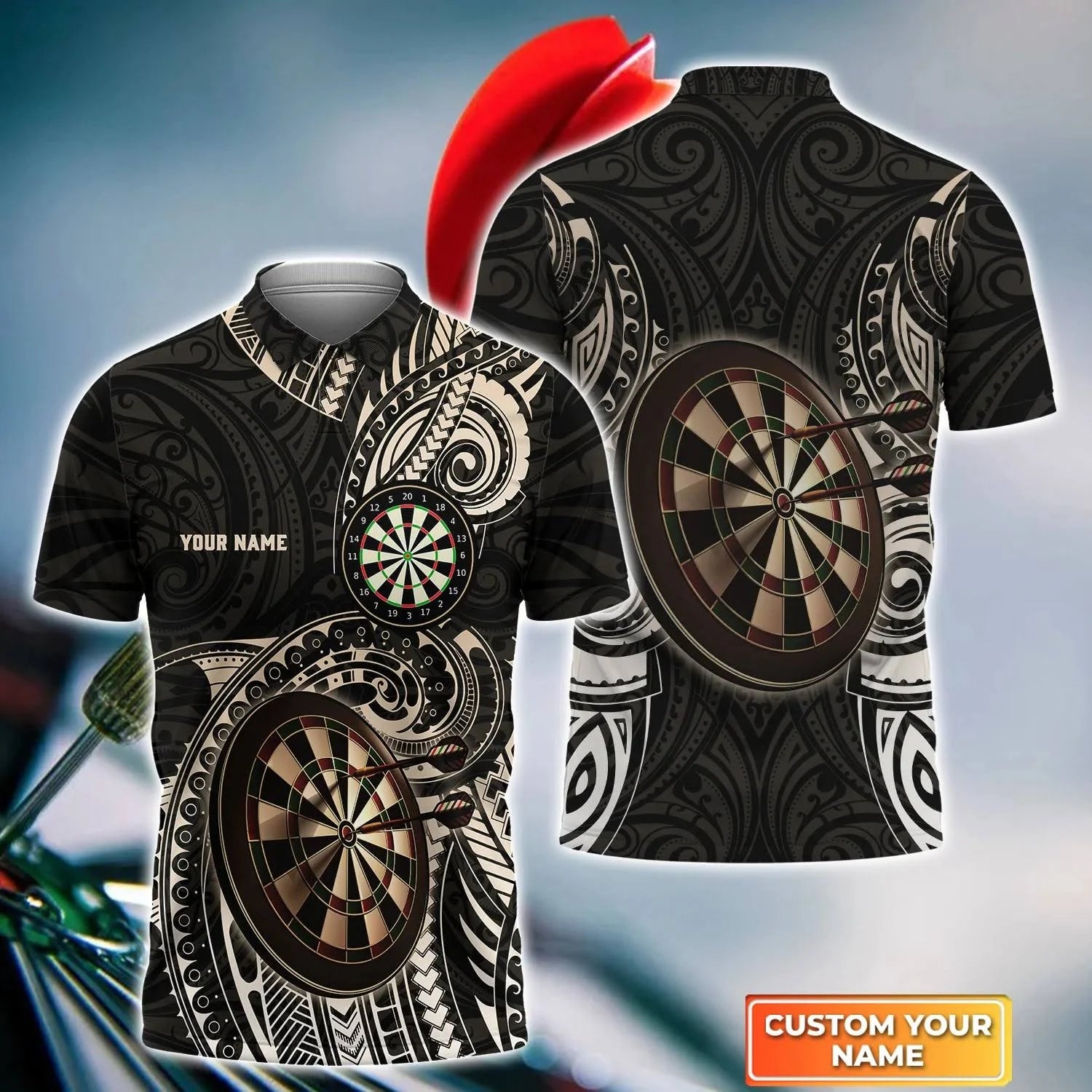 Brown Tattoo Darts Personalized Name 3D Polo Shirt for Darts Team Player/ Dart Polo Shirt/ Dart Team Shirts