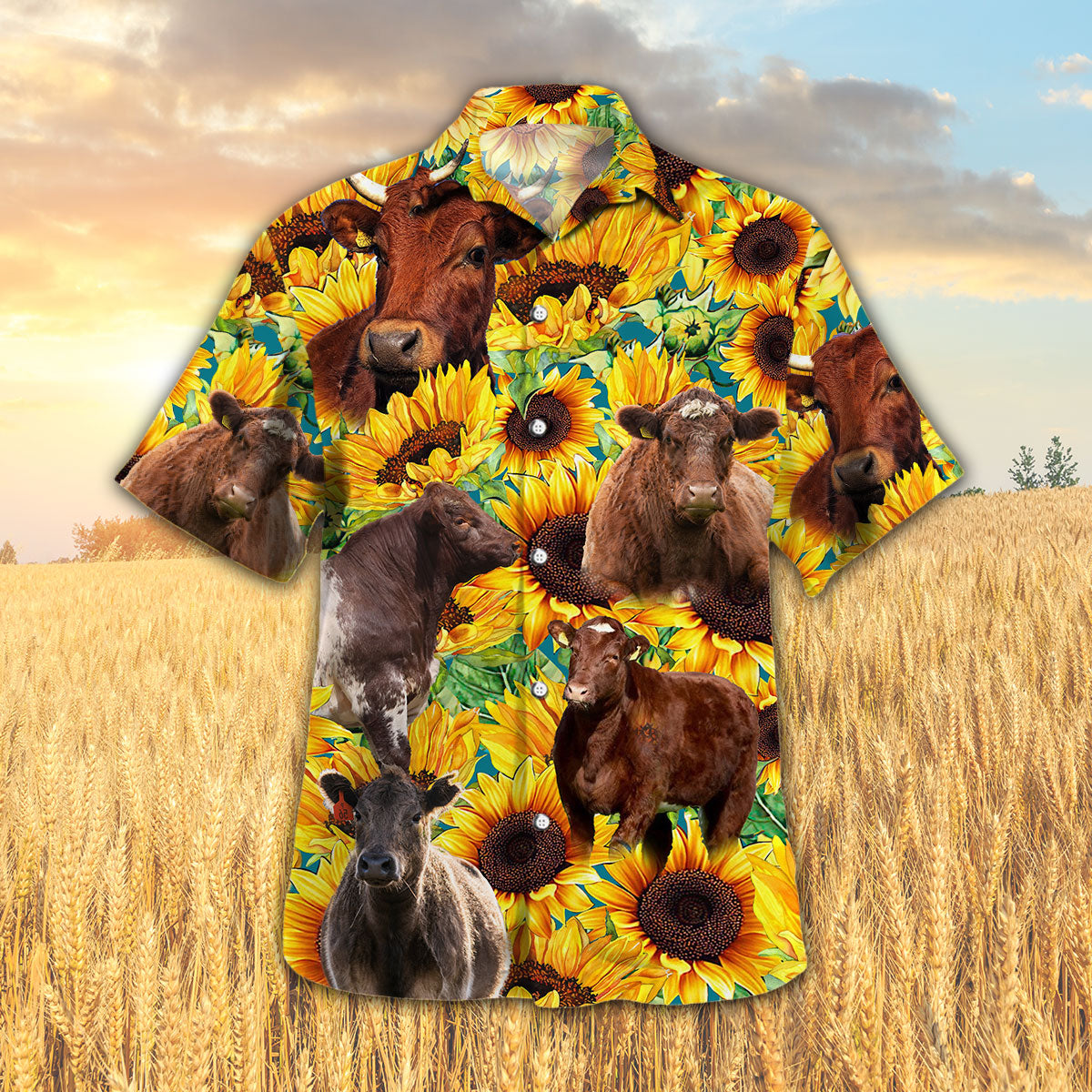 Sunflower Shorthorn Cattle Hawaiian Shirt