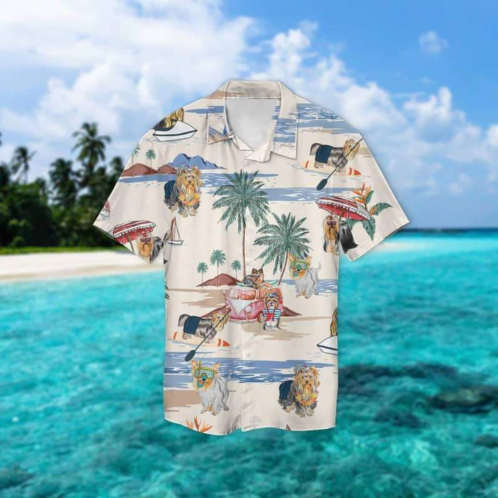 Silky Terrier Summer Beach Hawaiian Shirt/ Hawaiian Shirts for Men Short Sleeve Aloha Beach Shirt