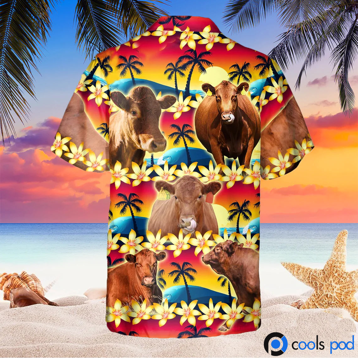 Red Angus Beach Sunset Hawaiian Shirt
