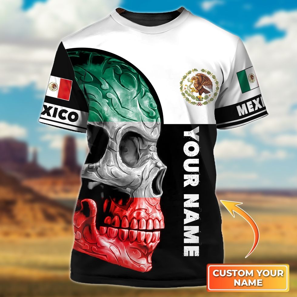 Customized Skull In Mexico Flag Pattern Shirts/ Skull Mexico Tshirts For Men And Women/ Golden Eagle Skull Mexico Tshirt