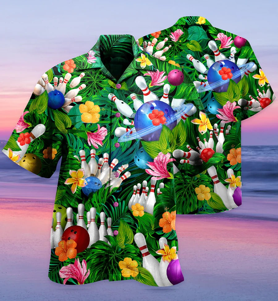 3D Bowling Hawaiian Shirt/ Tropical Floral Tropical Leaves Hawaiian Shirt/ Bowling Roll Aloha Shirt For Men - Perfect Gift For Bowling Lovers/ Bowlers