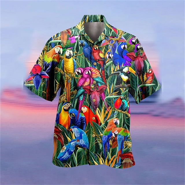 Men''s Shirt Summer Hawaiian Shirt/ Camp Collar Shirt Graphic Shirt Aloha Shirt/ Parrot Turndown Yellow Light Green Pink Red Blue 3D Print