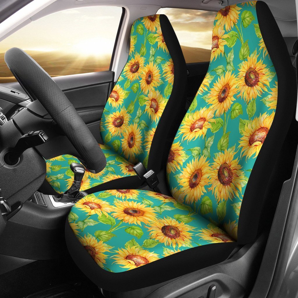 Teal Watercolor Sunflower Pattern Print Universal Fit Car Seat Covers
