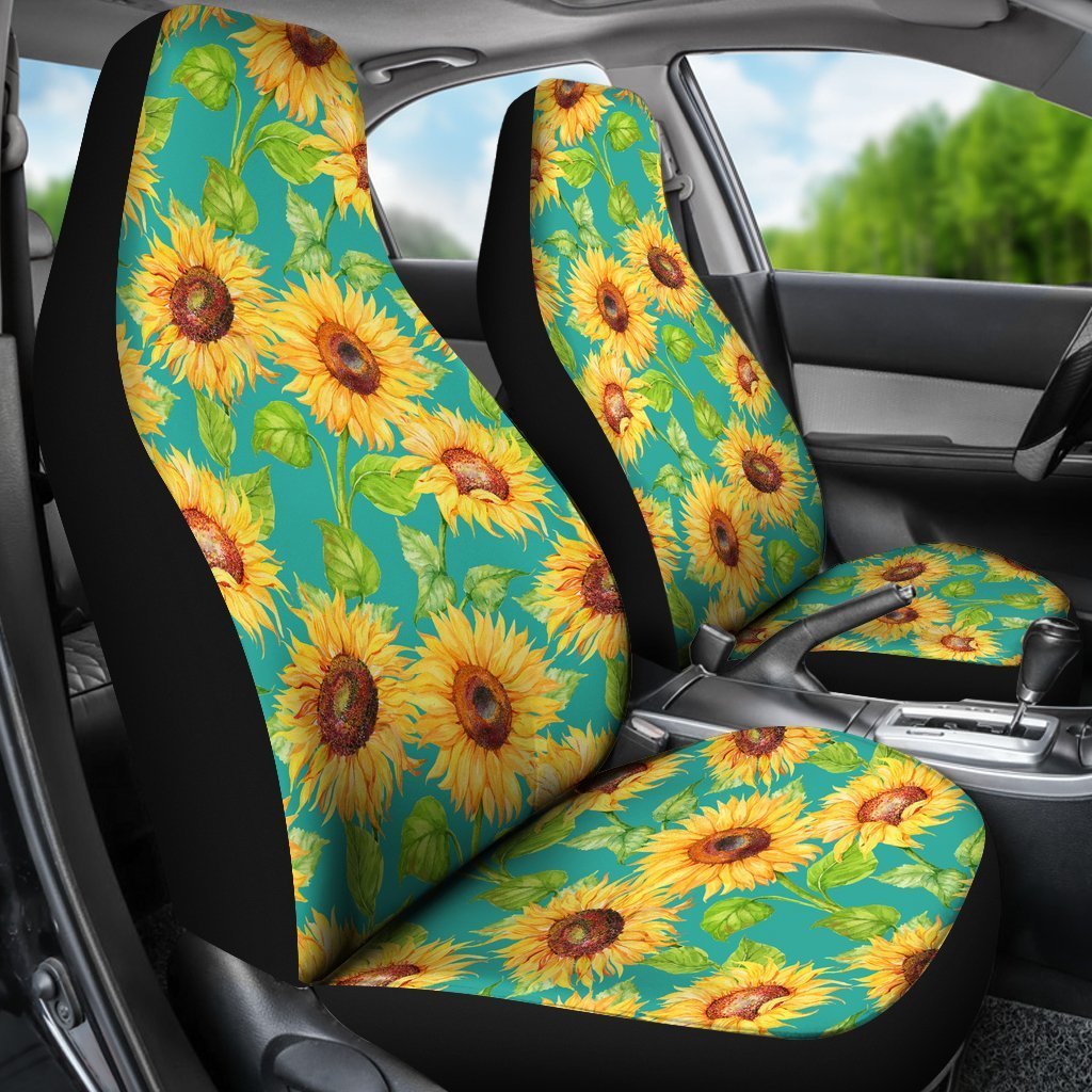 Teal Watercolor Sunflower Pattern Print Universal Fit Car Seat Covers