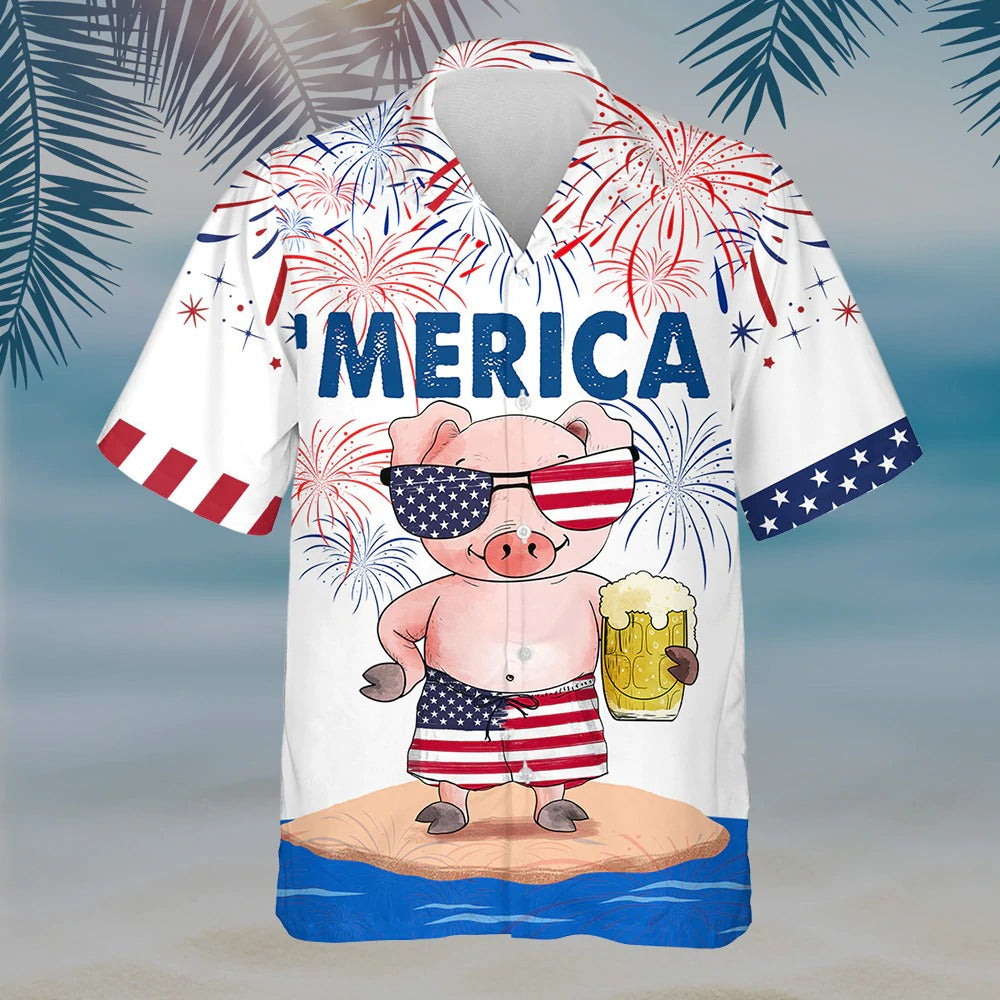 Pig Hawaiian Shirt/ Independence Day Hawaii Aloha Beach Shirt/ Best 4Th Of Jul Hawaiian Shirt