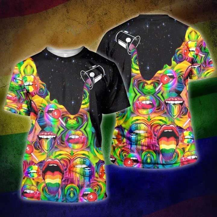 Lgbt Pouring Rainbow Color 3D All Over Printed Shirt/ Rainbow Lips 3D T Shirt/ Gift For Lesbian/ Lesbian 3D Shirt