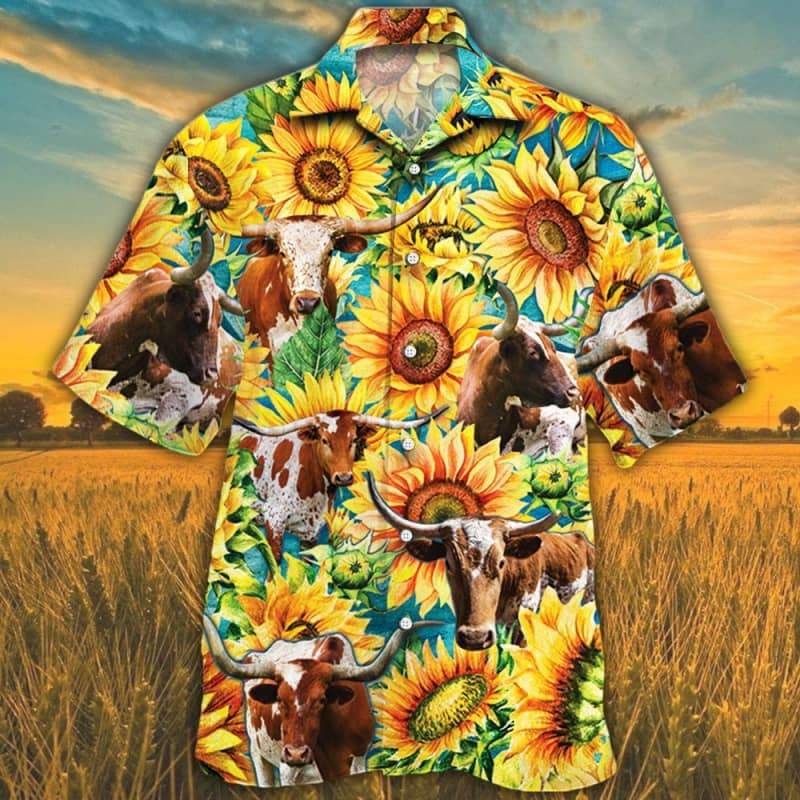 Sunflower Tx Longhorn Cattle Hawaiian Shirt