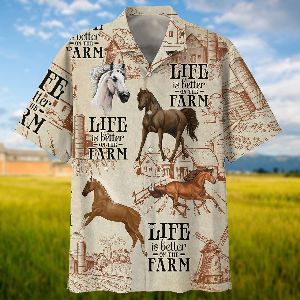 Horse Life Is Better On The Farm 3D Hawaiian Shirt/ Horse Hawaiian Shirts/ Gift For Horse Lovers