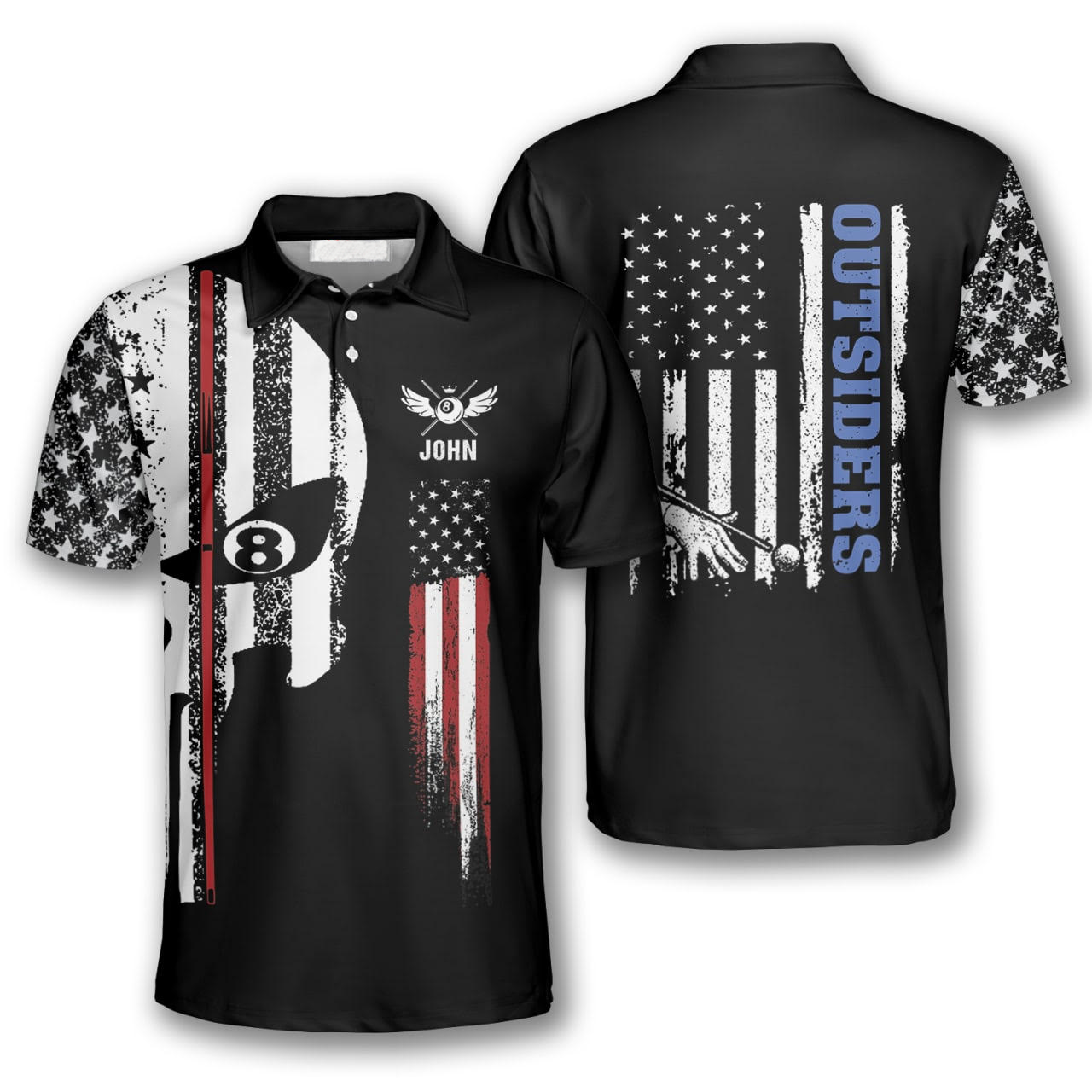 Personalized Skull American Flag Billiard Polo Shirts/ Custom Billiard Shirts for Team/ Men''s Billiard Polo Shirts