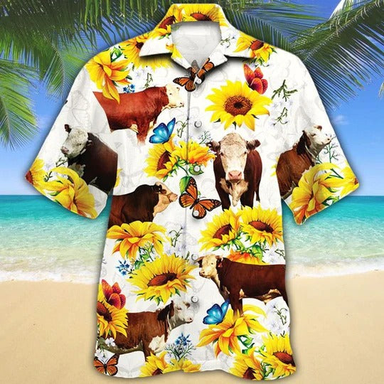 Hereford Cattle Lovers Sun Flower Hawaiian Shirt/ Unisex Print Aloha Short Sleeve Casual Shirt
