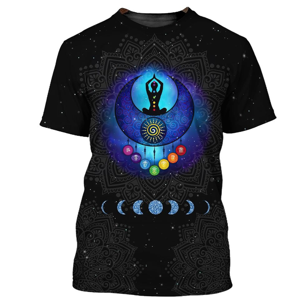 Meditation Girl Seven Chakra Mandala 3D Tshirt/ Black Mandala Shirt/ Black Hippie T Shirt