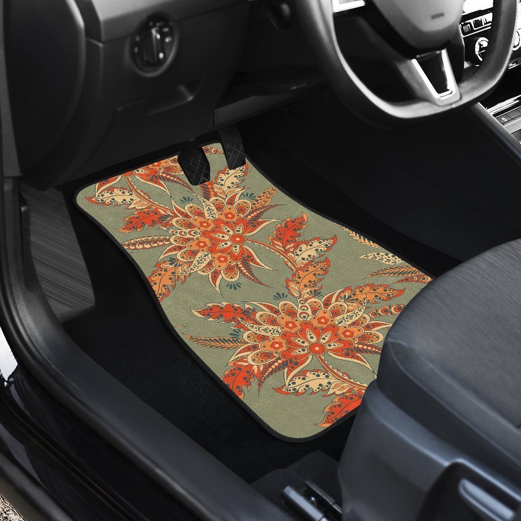 Vintage Orange Bohemian Floral Print Front And Back Car Floor Mats/ Front Car Mat