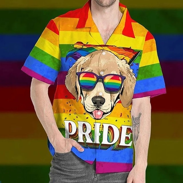 Summer hawaiian Shirt Rainbow Dog Striped Graphic Prints Pride Turn-Down Collar Rainbow Casual Going Out Short Sleeve Button-Down Printed Clothing