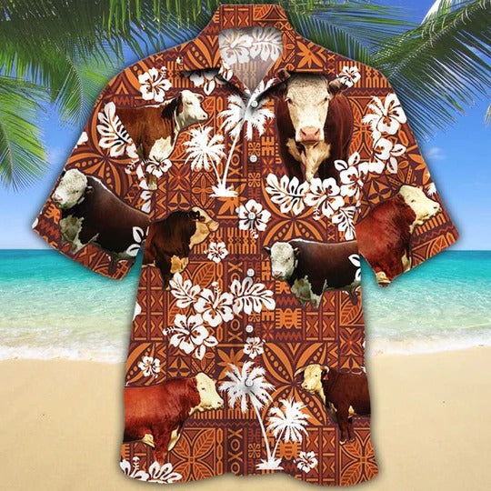 Hereford Cattle Lovers Red Tribal Hawaiian Shirt/ Unisex Print Aloha Short Sleeve Casual Shirt