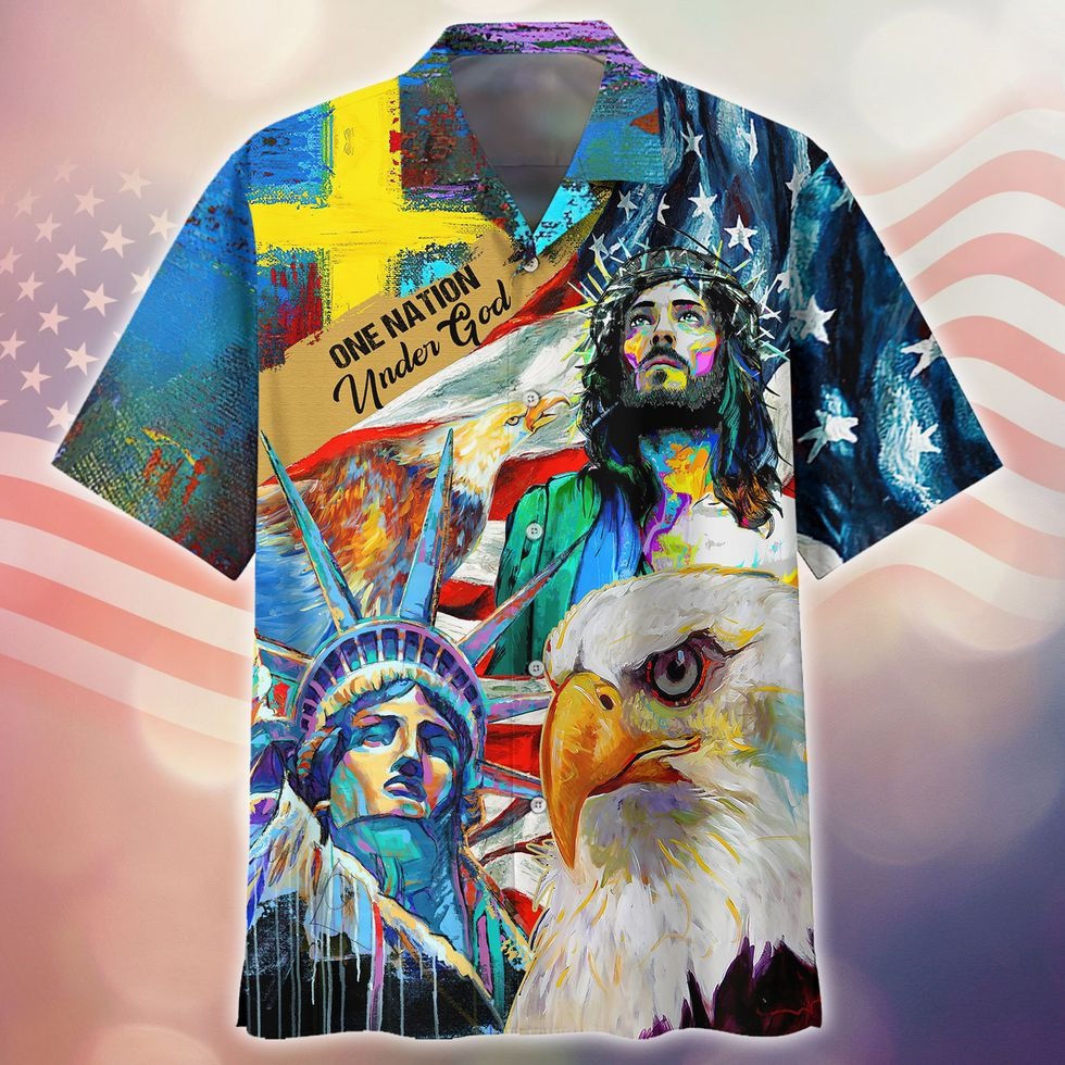 One Nation Under God 3D All Over Printed Hawaiian Shirt For Independence''s Day/ Patriotic Gift For Him