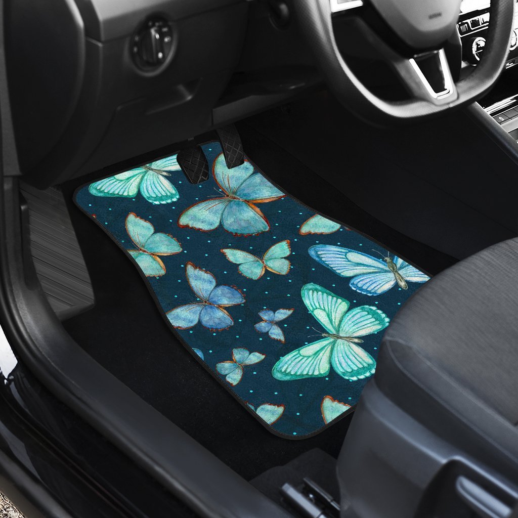 Watercolor Blue Butterfly Pattern Print Front And Back Car Floor Mats/ Front Car Mat