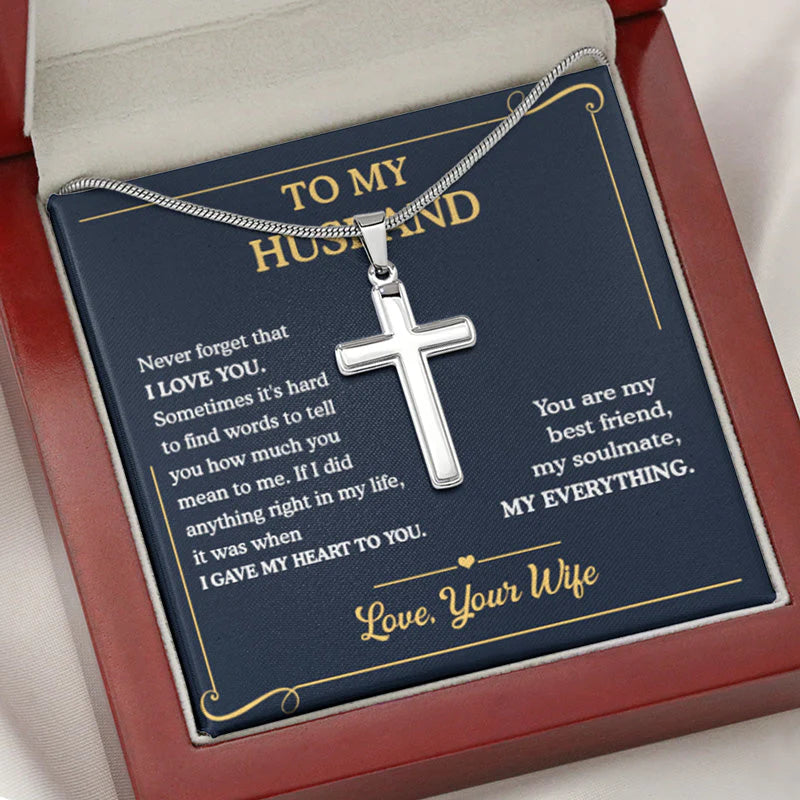 Gave My Heart To You/ Personalized Cross Necklace/ Message Card Jewelry/ Gift For Him