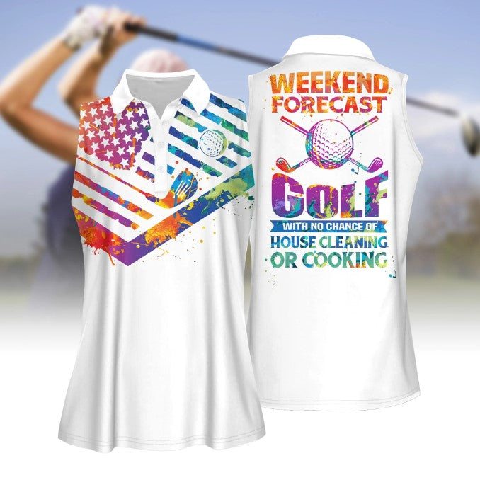 Women Golf Polo Shirt/ Tie-Dye American Flag weekend forecast golf Sleeveless Polo Shirt/ Women Golf Shirt