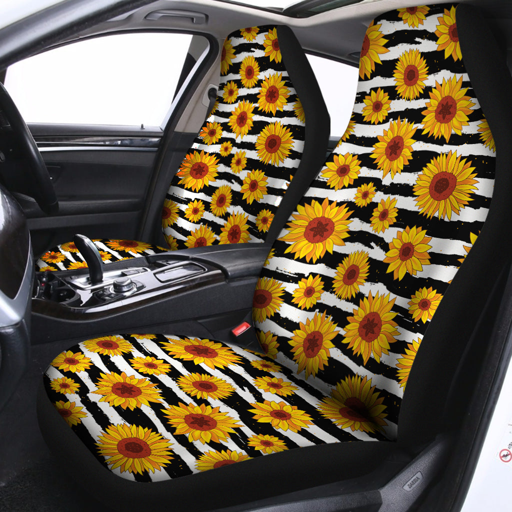 White And Black Stripe Sunflower Print Universal Fit Car Seat Covers