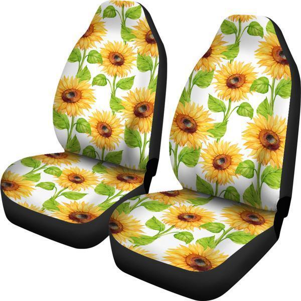 White Watercolor Sunflower Pattern Print Universal Fit Car Seat Covers