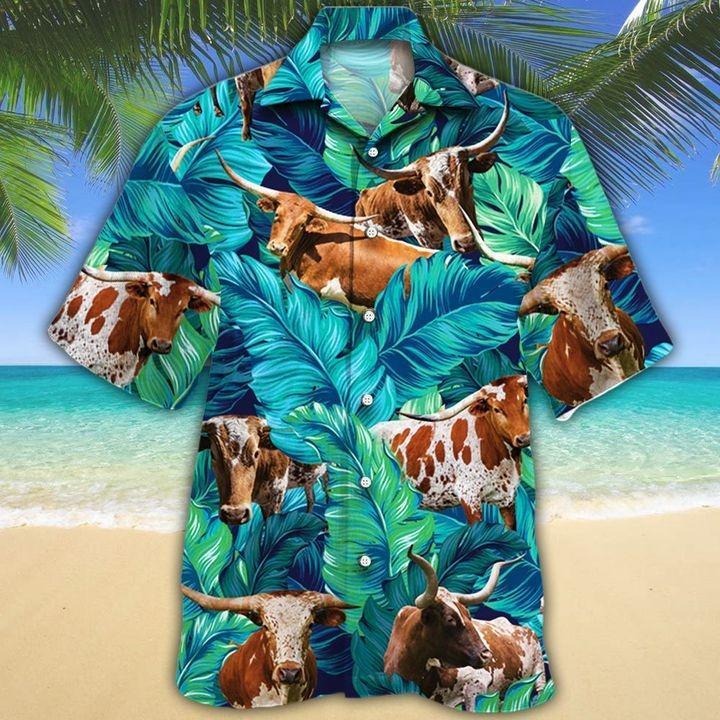 Texas Longhorn Hawaii Shirt Cattle Green/ Unisex Print Aloha Short Sleeve Casual Shirt