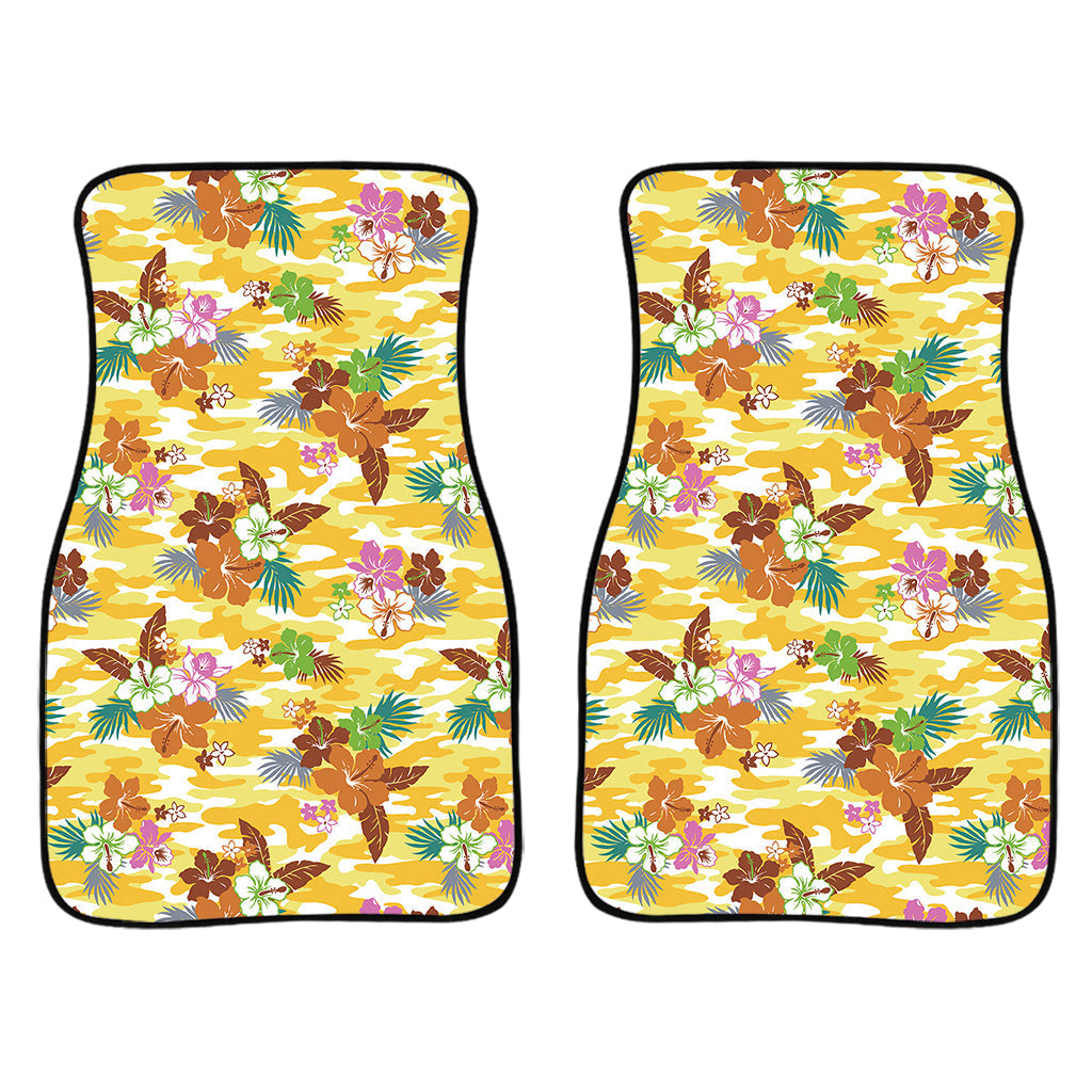 Yellow Camo And Hibiscus Flower Print Front And Back Car Floor Mats/ Front Car Mat
